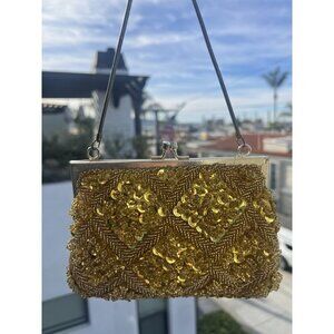 Vintage 60s gold sequin beaded mini chain kisslock bag Hong Kong retro glam
